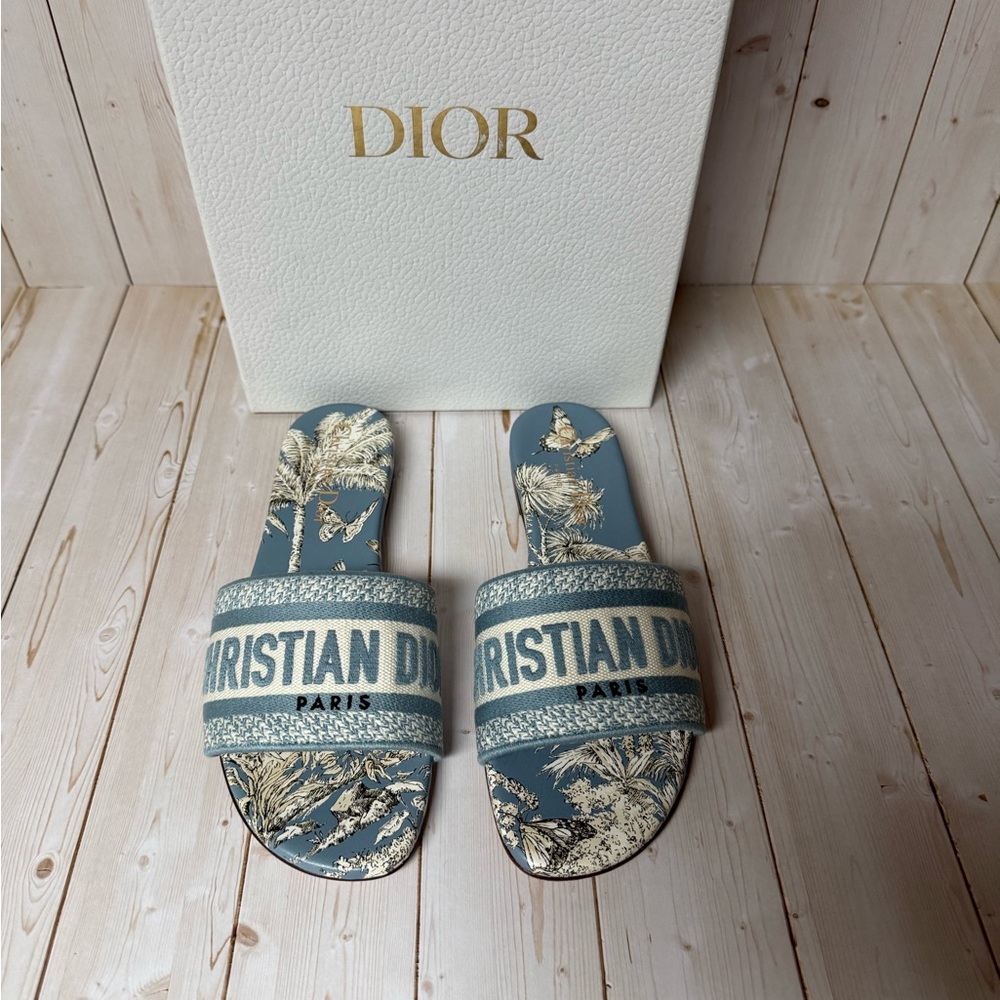 Christian Dior Canvas TDJ Palm Embroidered Dway Slide Sandals Blue Sz 35.5 / 5.5 - Picture 6 of 15